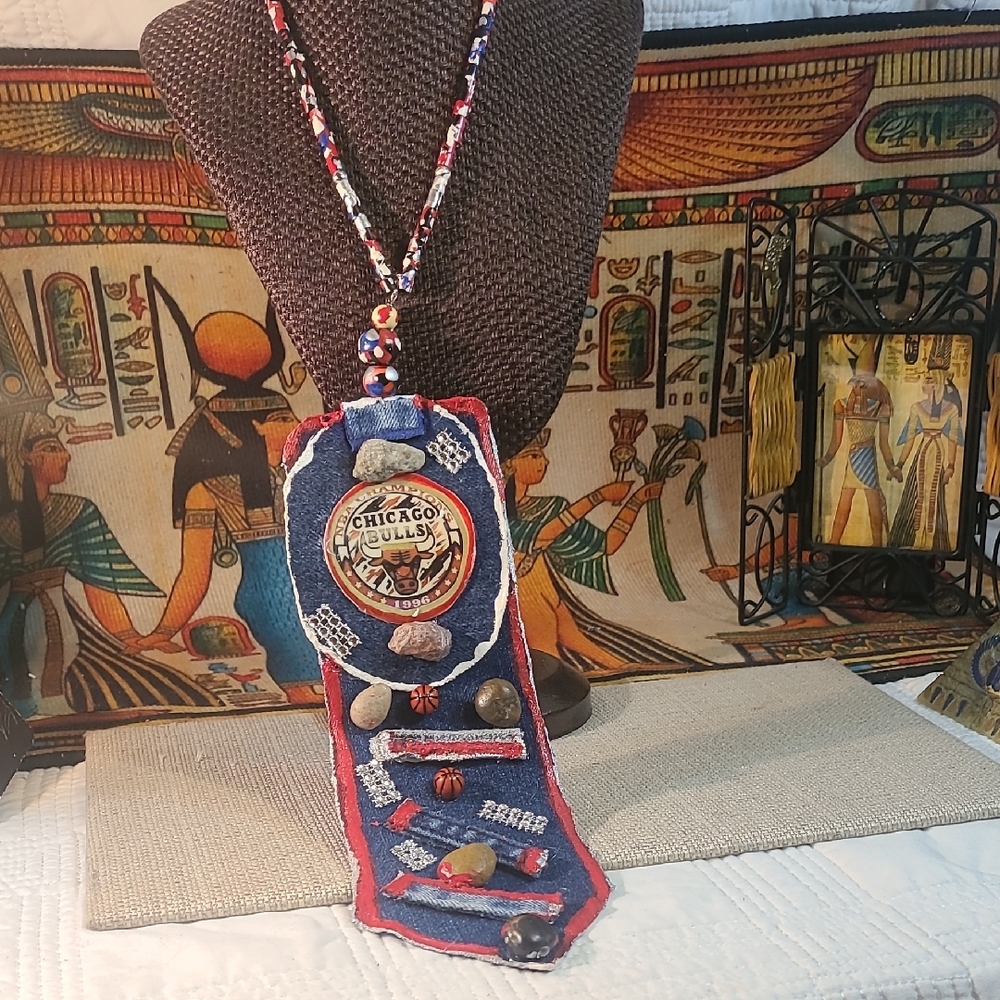 Chicago Bulls Beaded Denim Fabric Junk Necktie Necklace